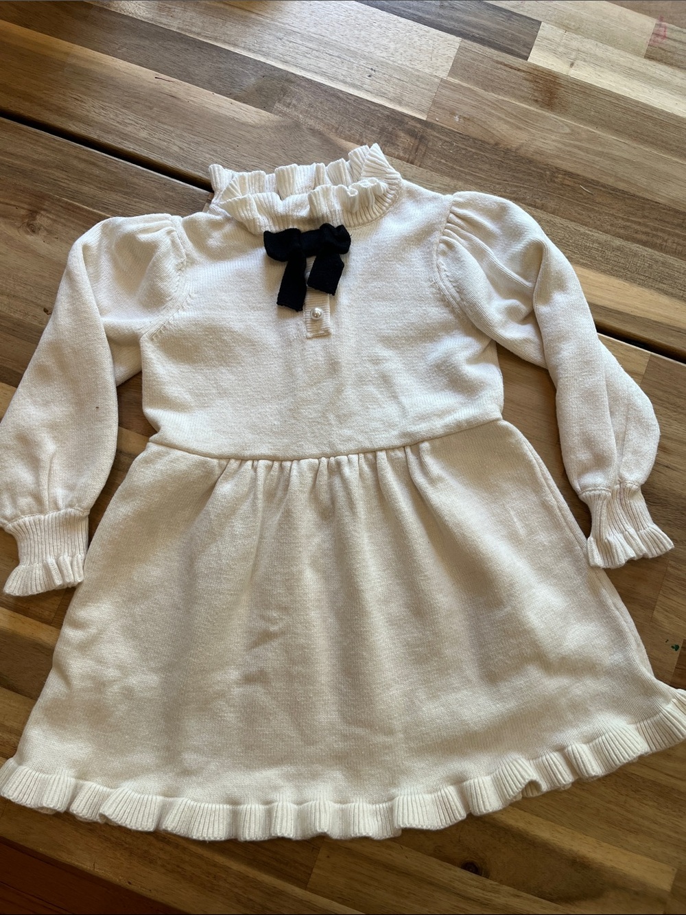Janie and Jack Cream Knit Dress with Black Bow Accent